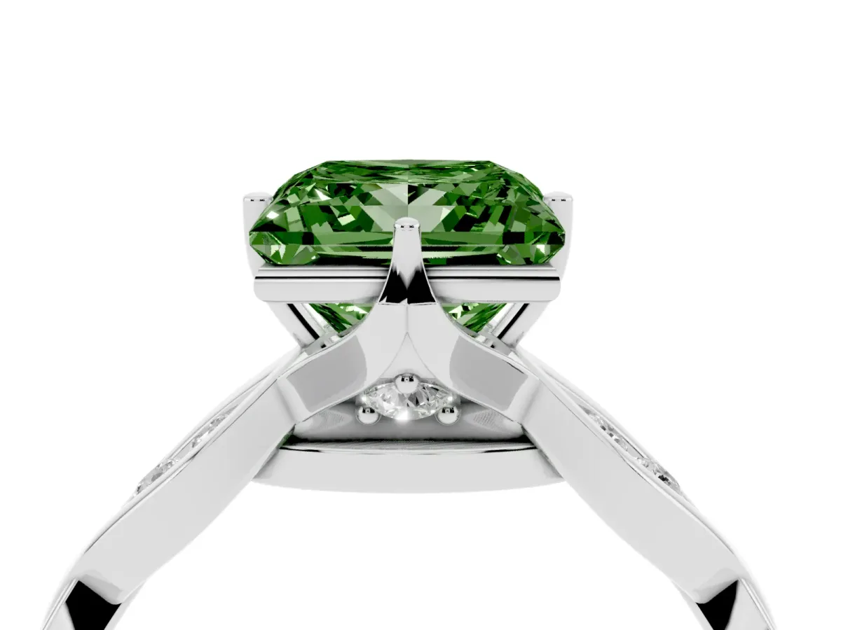 Fancy Green Princess Cut Solitaire Twist Band with Leaf Prong Setting Silver