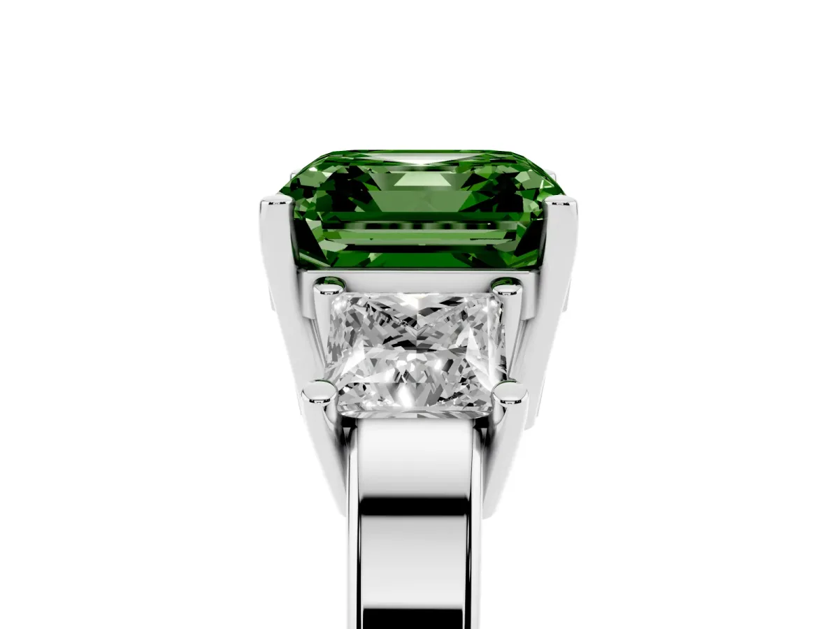 Fancy Green Three-Stone Asscher Cut Cut Solitaire Ring with Prong Setting Silver