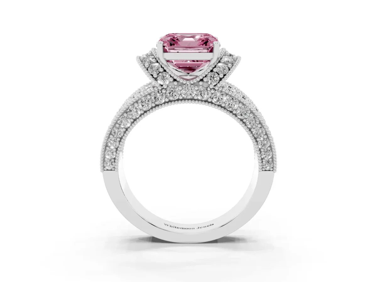Fancy Pink Asscher Cut Halo Pave Diamond Engagement Ring with Milgrain Detailing Silver