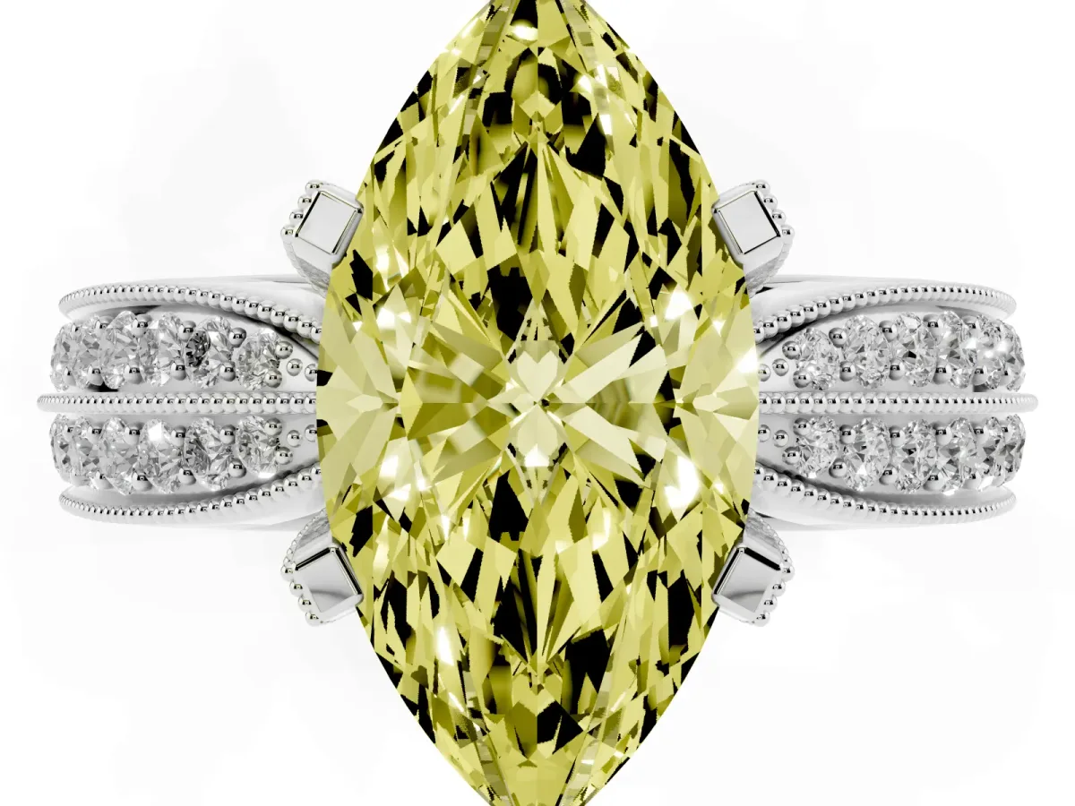 Fancy Yellow Marquise Cut Diamond Solitaire Ring with Milgrain Round Pavé Band and Prong Setting Silver
