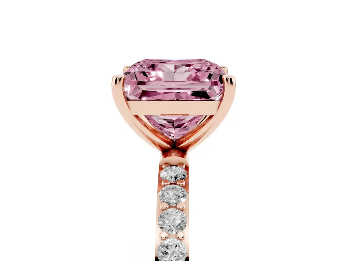 Fancy Pink Princess Cut Diamond Solitaire Ring with Round Pavé Shoulders and Prong Setting Rose gold