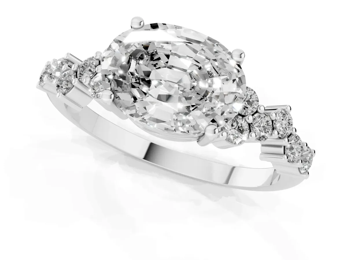 Oval Cut Diamond Scattered Round Accent Ring with Prong Setting Platinum