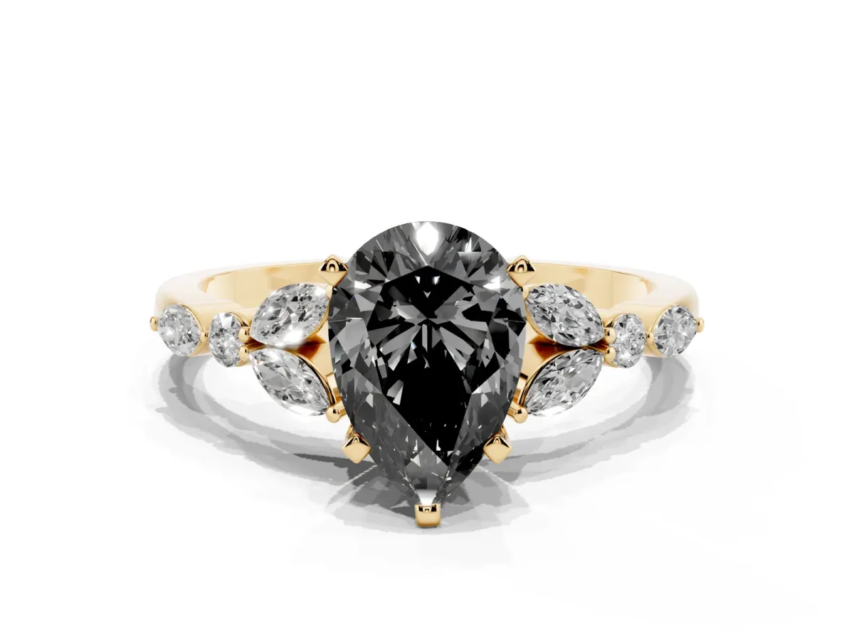 Fancy Black Pear Cut Diamond Solitaire Ring with Side Stones and Four-Prong Setting Yellow gold