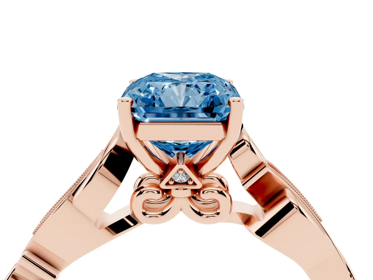 Fancy Blue Radiant Cut Solitaire Vine Band with Milgrain Prong Setting Rose gold
