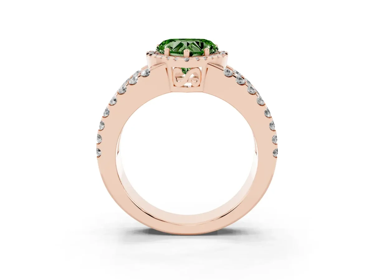 Fancy Green Heart Cut Cut Halo Split Shank Diamond Ring with Four-Prong Setting Rose gold
