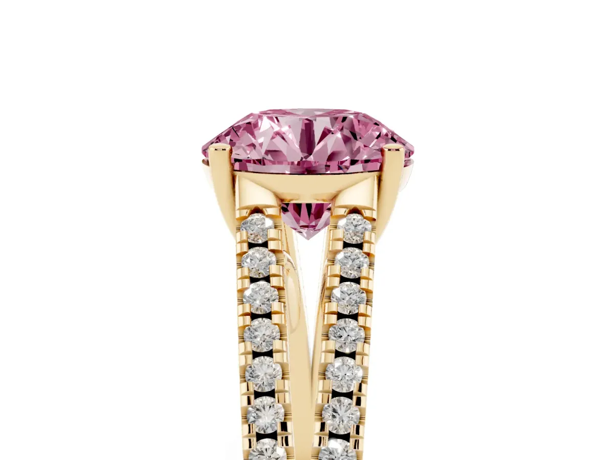 Fancy Pink Round Cut Diamond Solitaire Engagement Ring with Split Shank Pavé Band Yellow gold