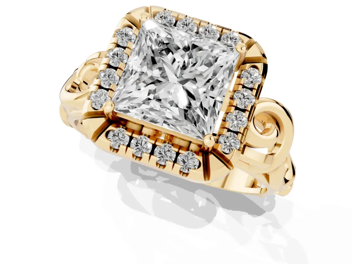 Princess Cut Cut Halo Diamond Ring with Scrollwork Band and Four-Prong Setting Yellow gold