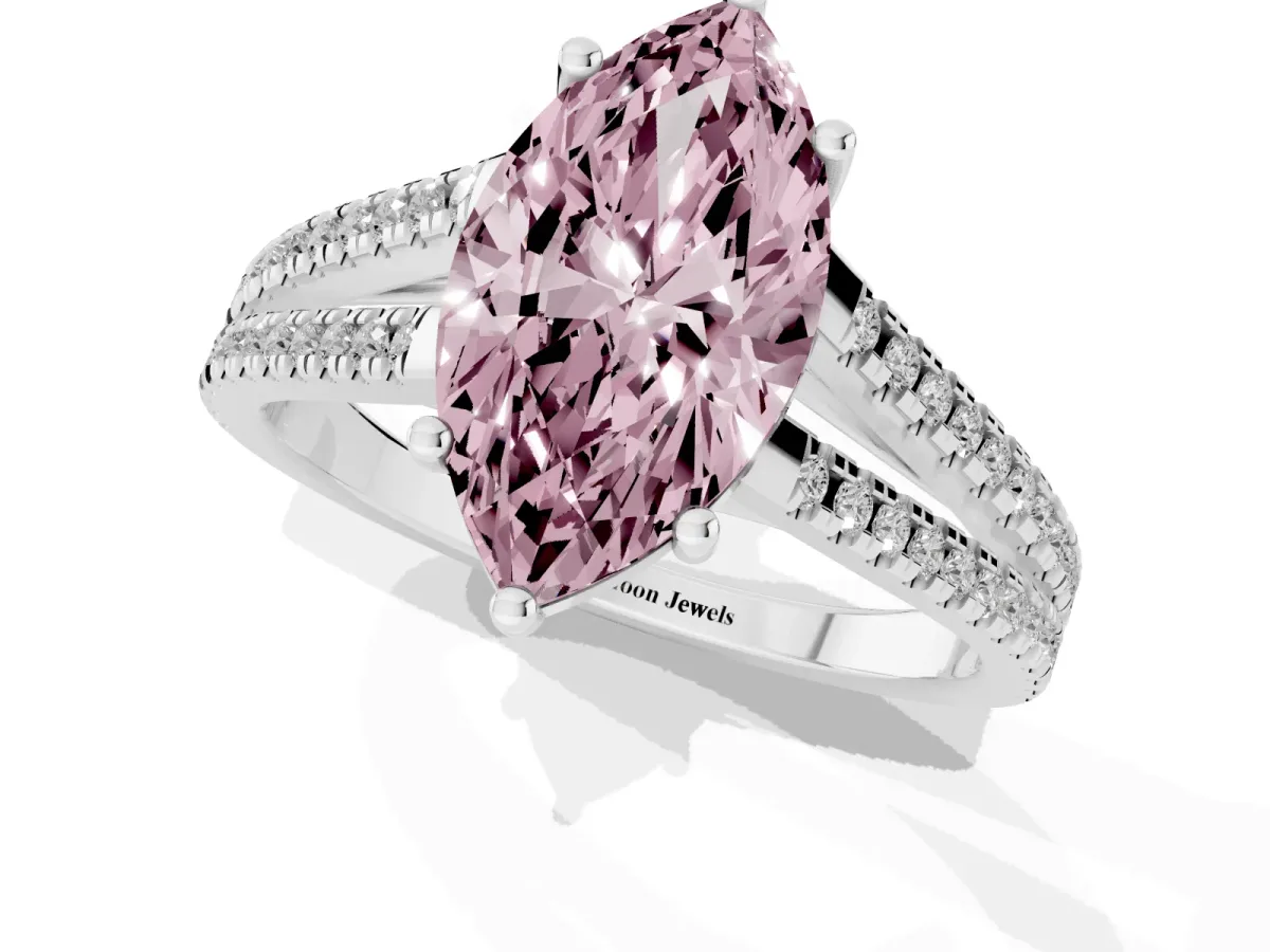 Fancy Pink Marquise Cut Diamond Solitaire Engagement Ring with Split Shank Pavé Band Silver