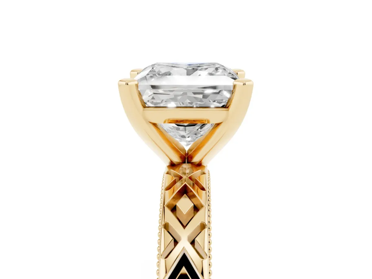 Princess Cut Solitaire Diamond Ring with Milgrain and Black Enamel X Pattern Band Yellow gold