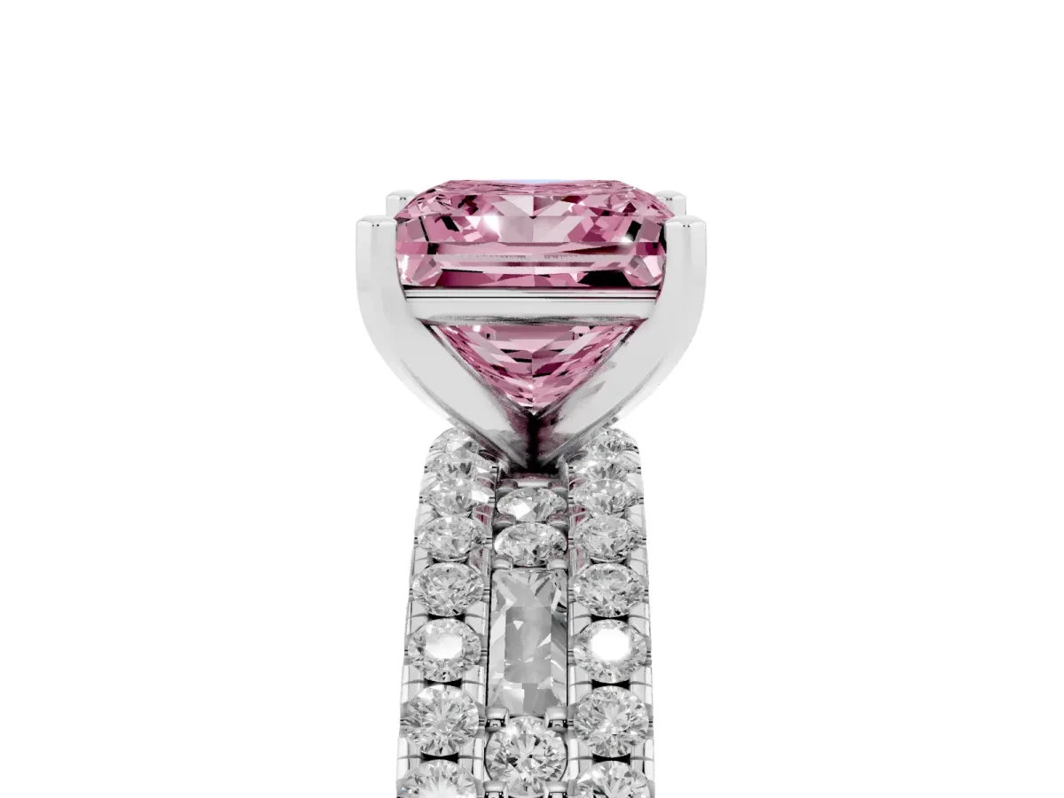 Fancy Pink Princess Cut Diamond Solitaire Ring with Pavé and Channel Set Band Platinum