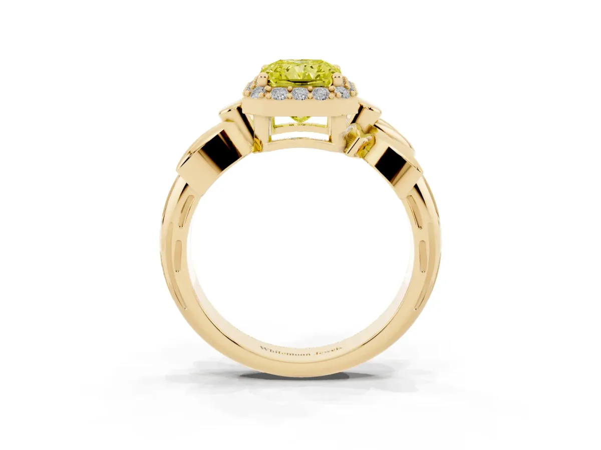 Fancy Yellow Radiant Cut Halo Diamond Floral Band with Four-Prong Setting Yellow gold