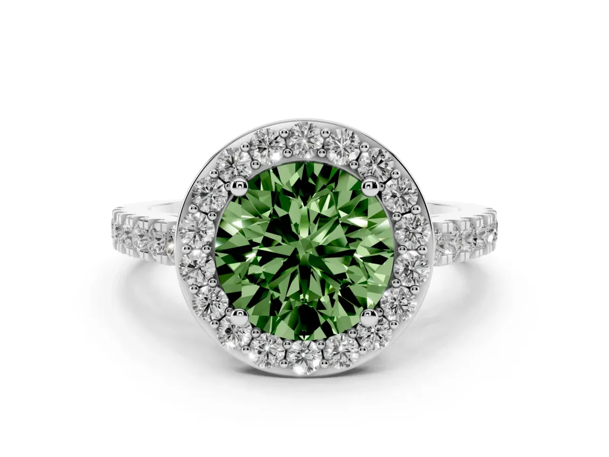 Fancy Green Round Cut Diamond Halo Ring with Round Pavé Split Shank and Prong Setting Silver