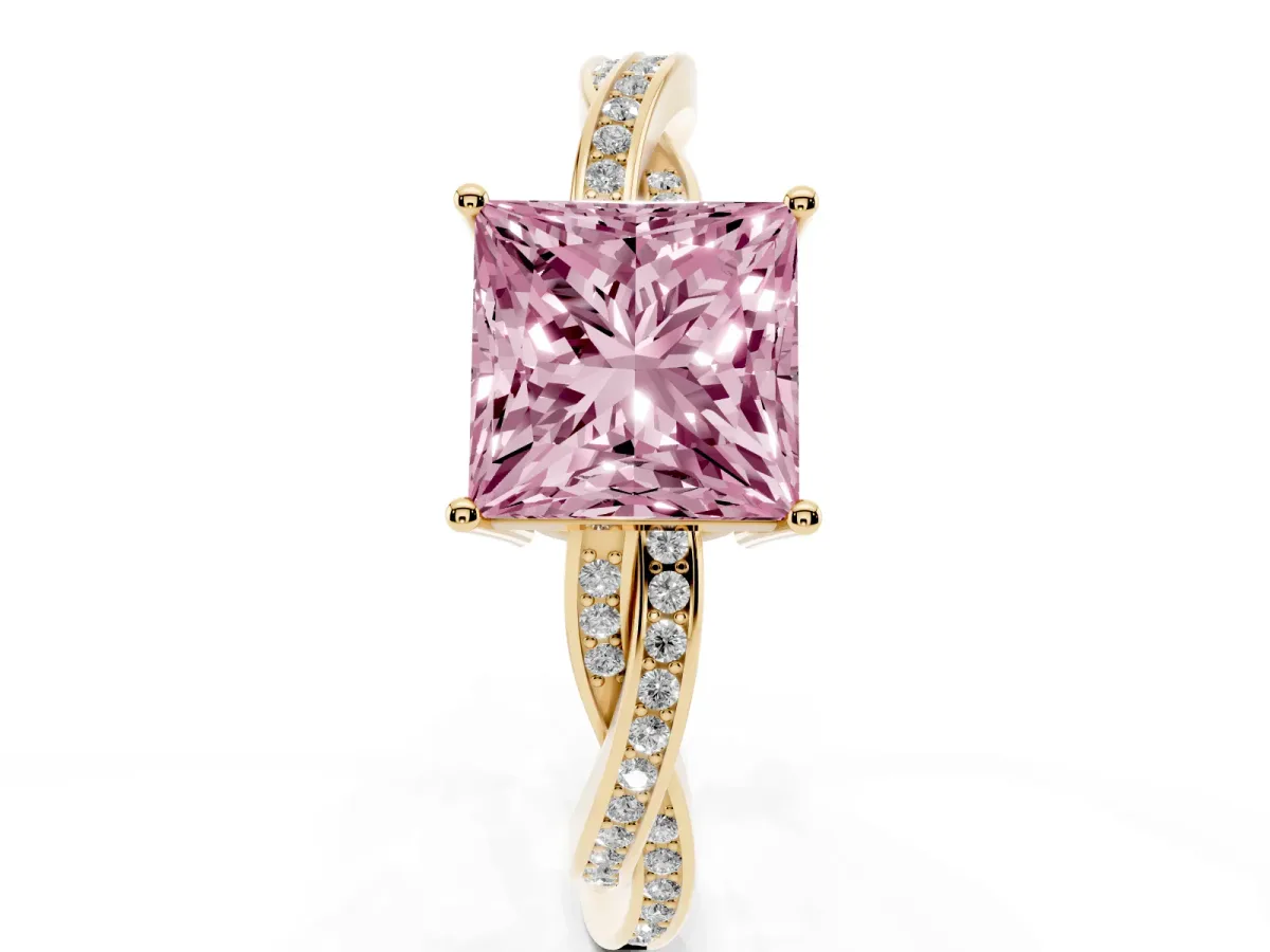 Fancy Pink Princess Cut Solitaire Twisted Pave Diamond Ring with Four-Prong Setting Yellow gold