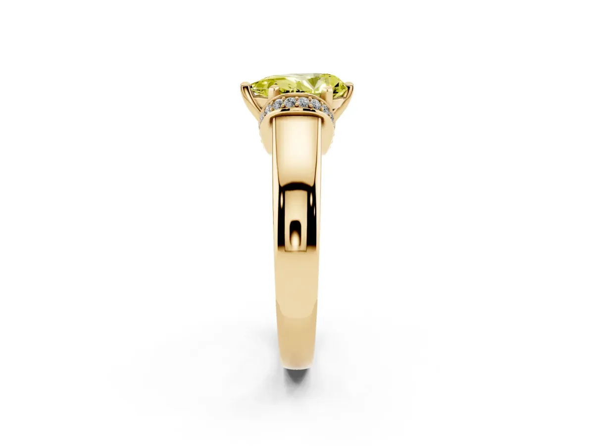 Fancy Yellow Pear Cut Solitaire Diamond Ring with Pave Band and Six-Prong Setting Yellow gold