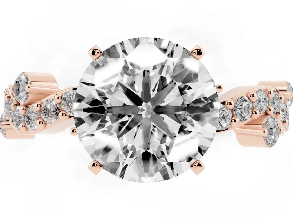 Round Cut Cut Solitaire Diamond Twisted Band with Pave Setting Rose gold