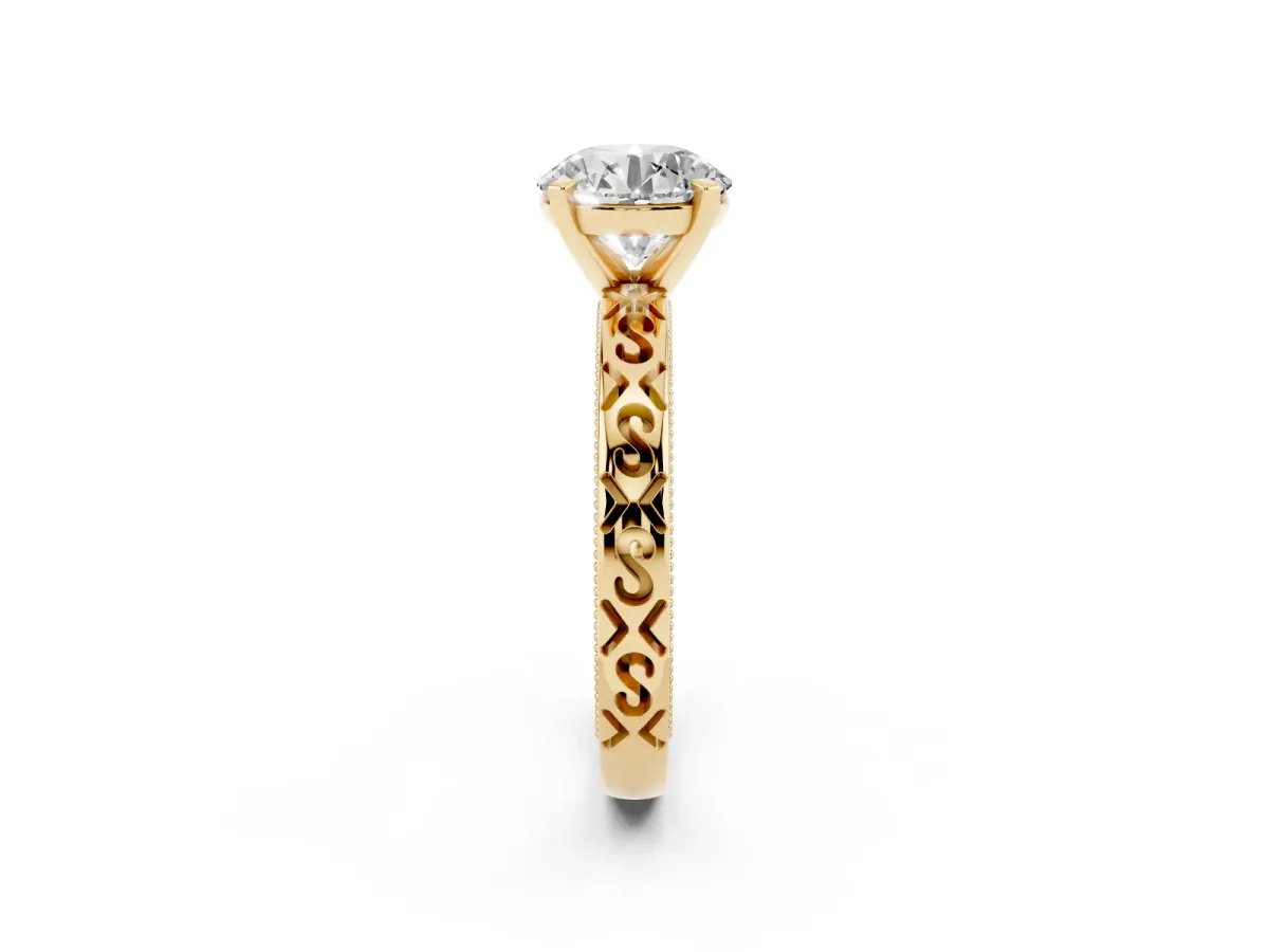 Round Cut Solitaire Engagement Ring with Scrollwork Band and Four-Prong Setting Yellow gold