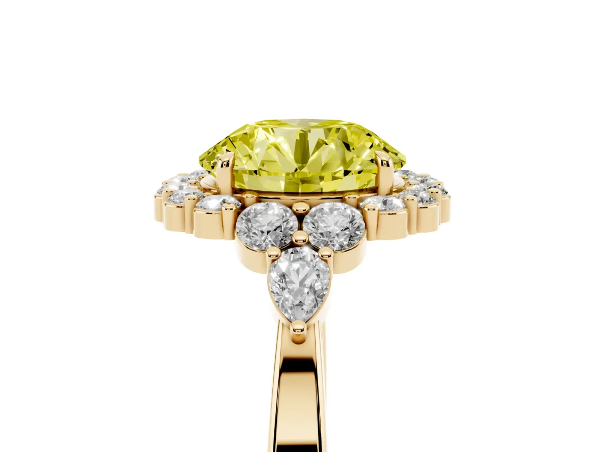 Fancy Yellow Round Cut Diamond Halo Ring with Pear Side Stones and Prong Setting Yellow gold