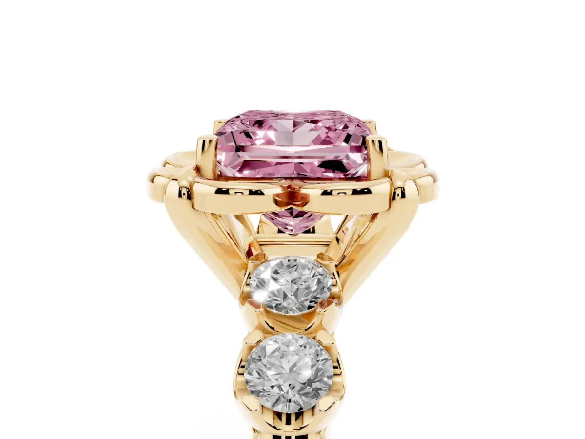Fancy Pink Princess Cut Cut Diamond Floral Halo Engagement Ring with Shared Prong Setting Yellow gold
