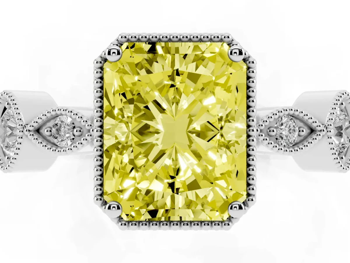 Fancy Yellow Radiant Cut Diamond Vintage Milgrain Ring with Round Stations Silver