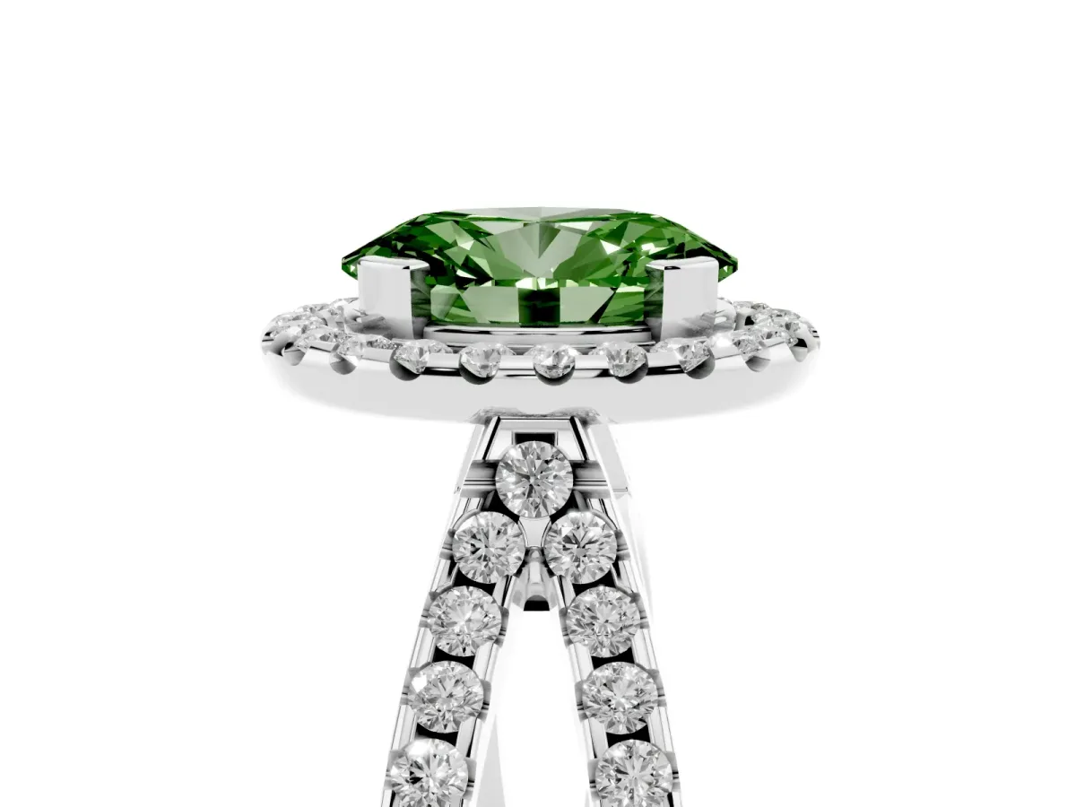 Fancy Green Oval Cut Diamond Halo Ring with Split Shank Pavé Band and Prong Setting Silver