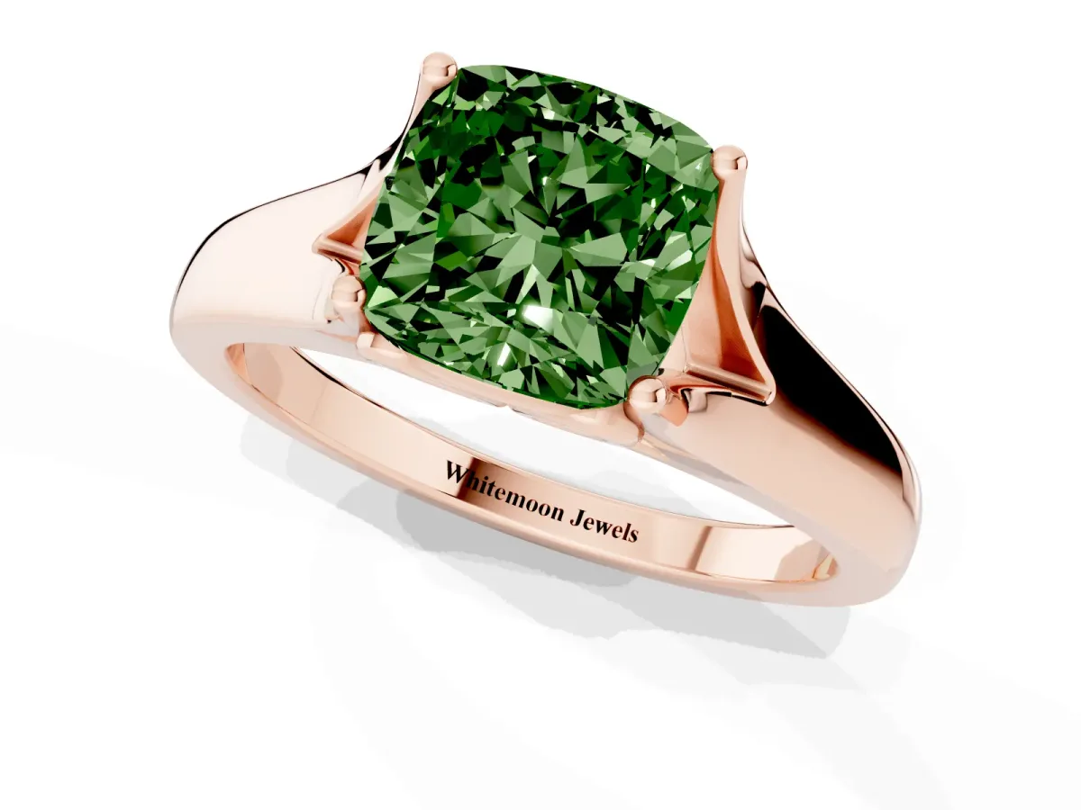 Fancy Green Cushion Cut Solitaire Diamond Ring with Cathedral Band and Four-Prong Setting Rose gold