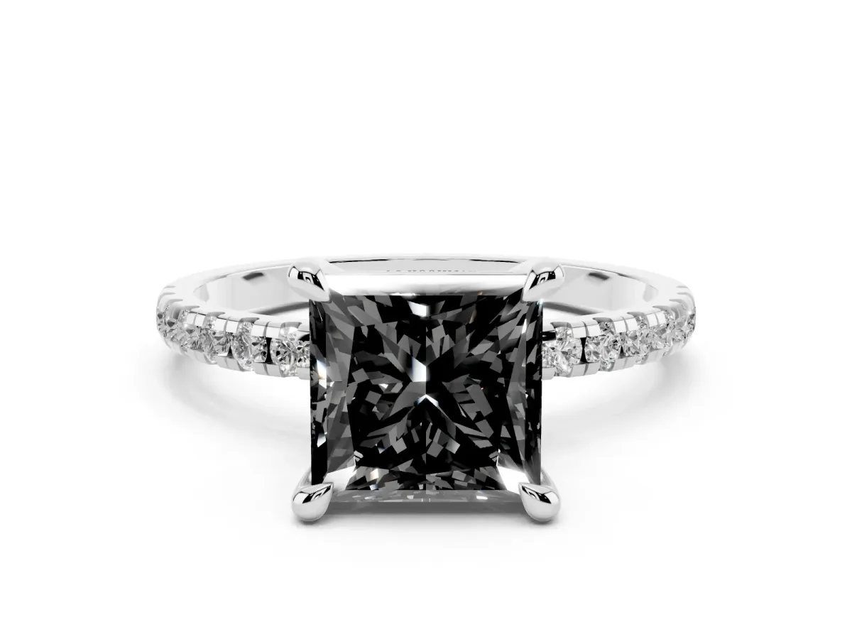 Fancy Black Princess Cut Diamond Brilliant Solitaire Ring with Pavé Band and Four-Prong Setting White gold