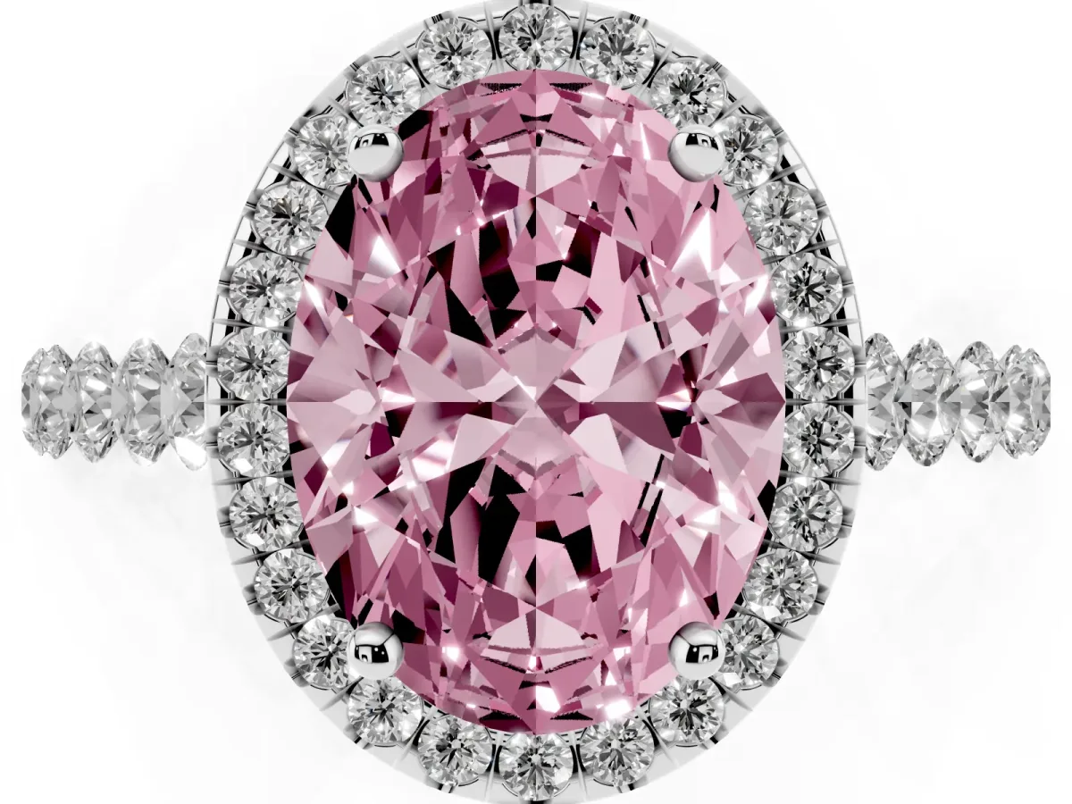 Fancy Pink Oval Cut Halo Pavé Diamond Engagement Ring with Four-Prong Setting Platinum