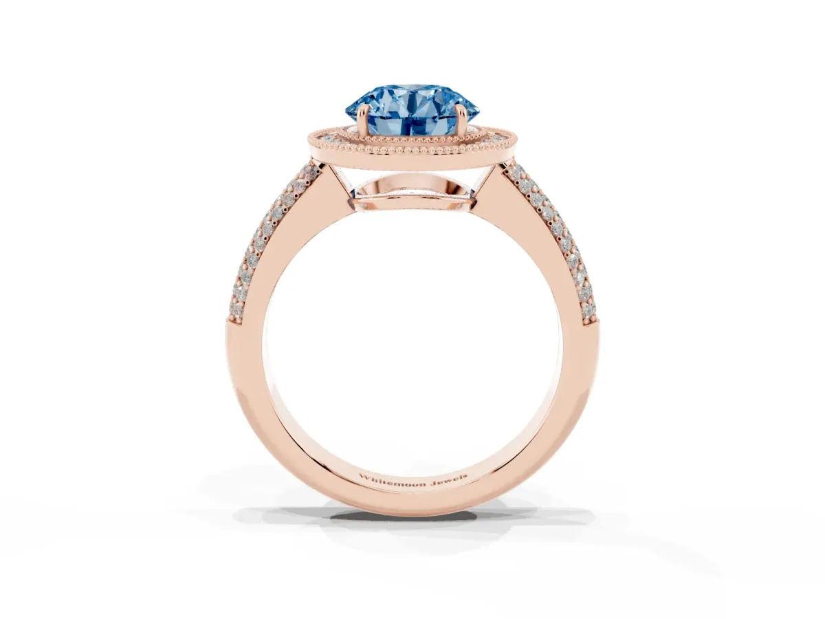 Fancy Blue Round Cut Cut Halo Diamond Pave Band with Four-Prong Setting Rose gold