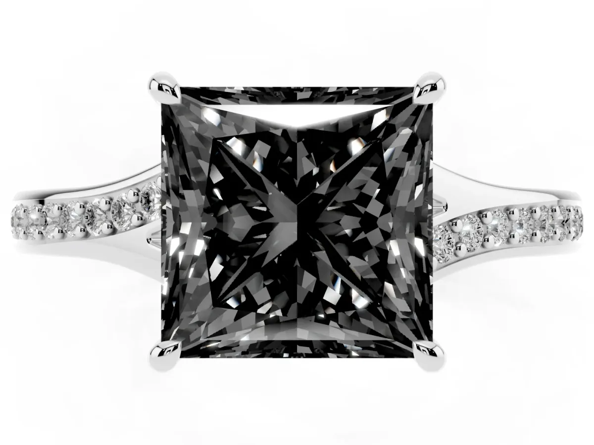 Fancy Black Princess Cut Diamond Solitaire Ring with Pavé Band and Prong Setting Silver
