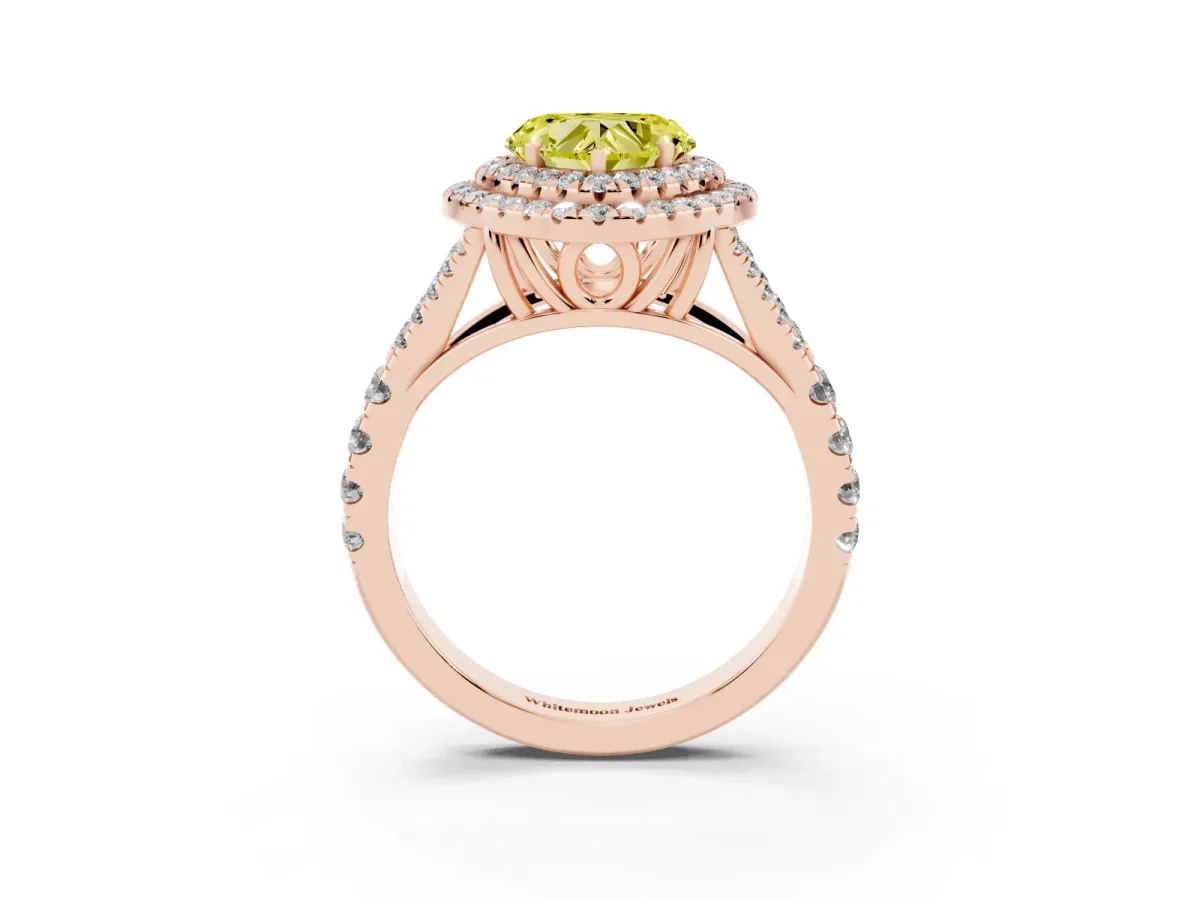 Fancy Yellow Double Halo Heart Cut Diamond Split Shank Engagement Ring with Four-Prong Setting Rose gold