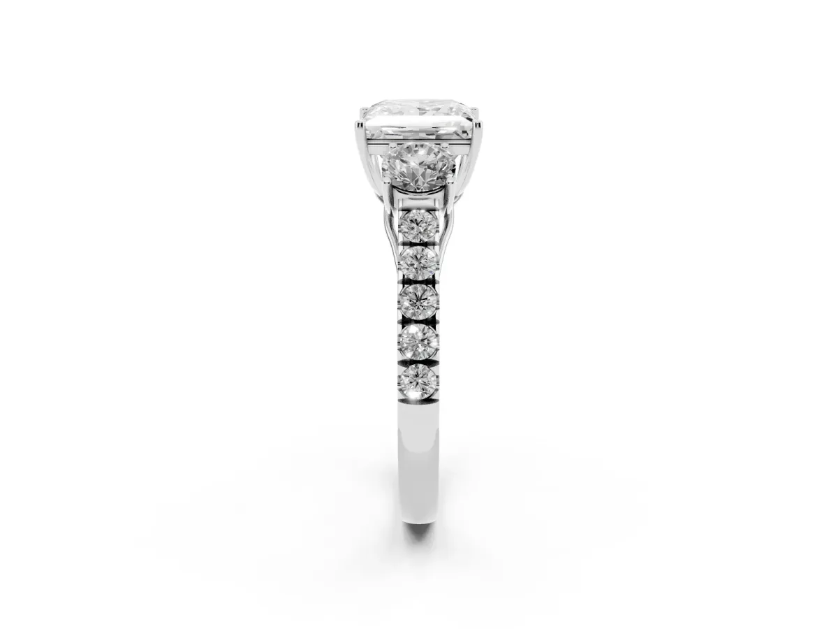Princess Cut Cut Diamond Three-Stone Ring with Round Side Stones and Pavé Band Platinum