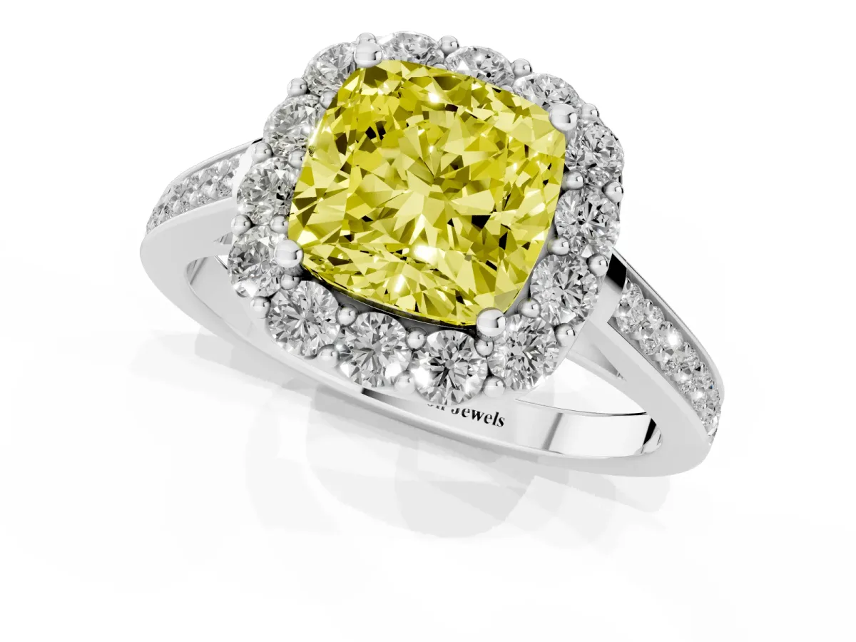 Fancy Yellow Cushion Cut Diamond Floral Halo Ring with Pavé Band and Prong Setting Platinum