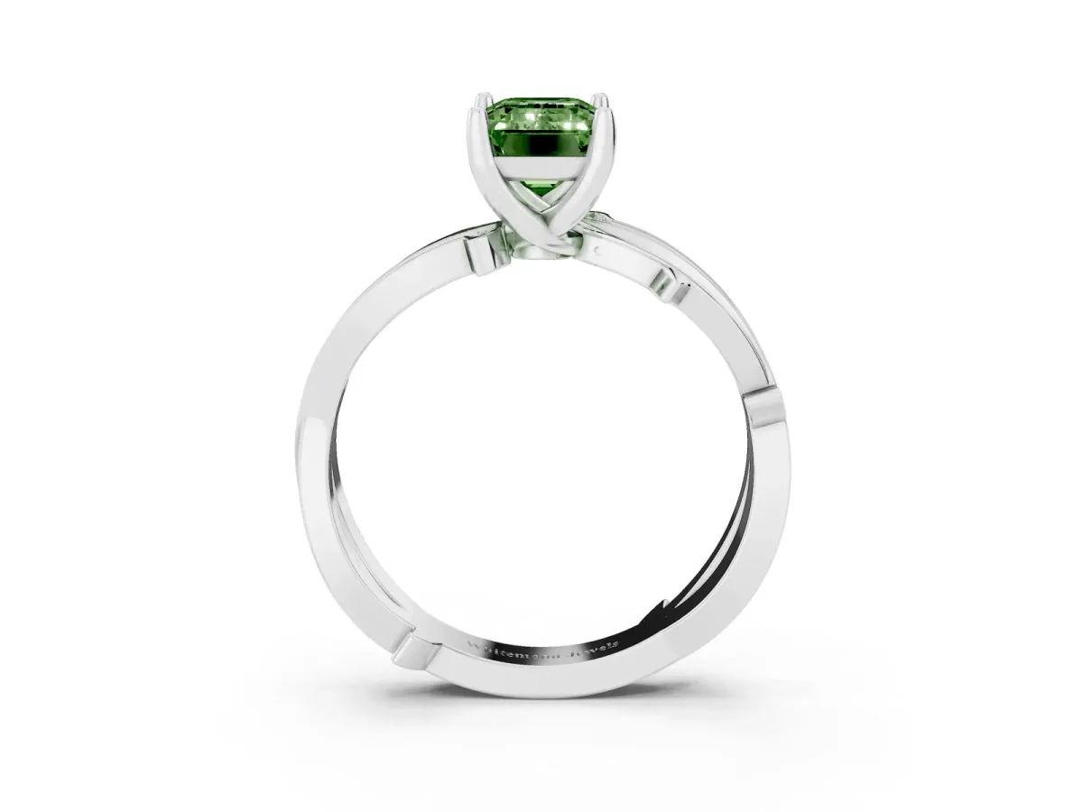 Fancy Green Emerald Cut Solitaire Twist Band with Pavé Accents and Four-Prong Setting Silver