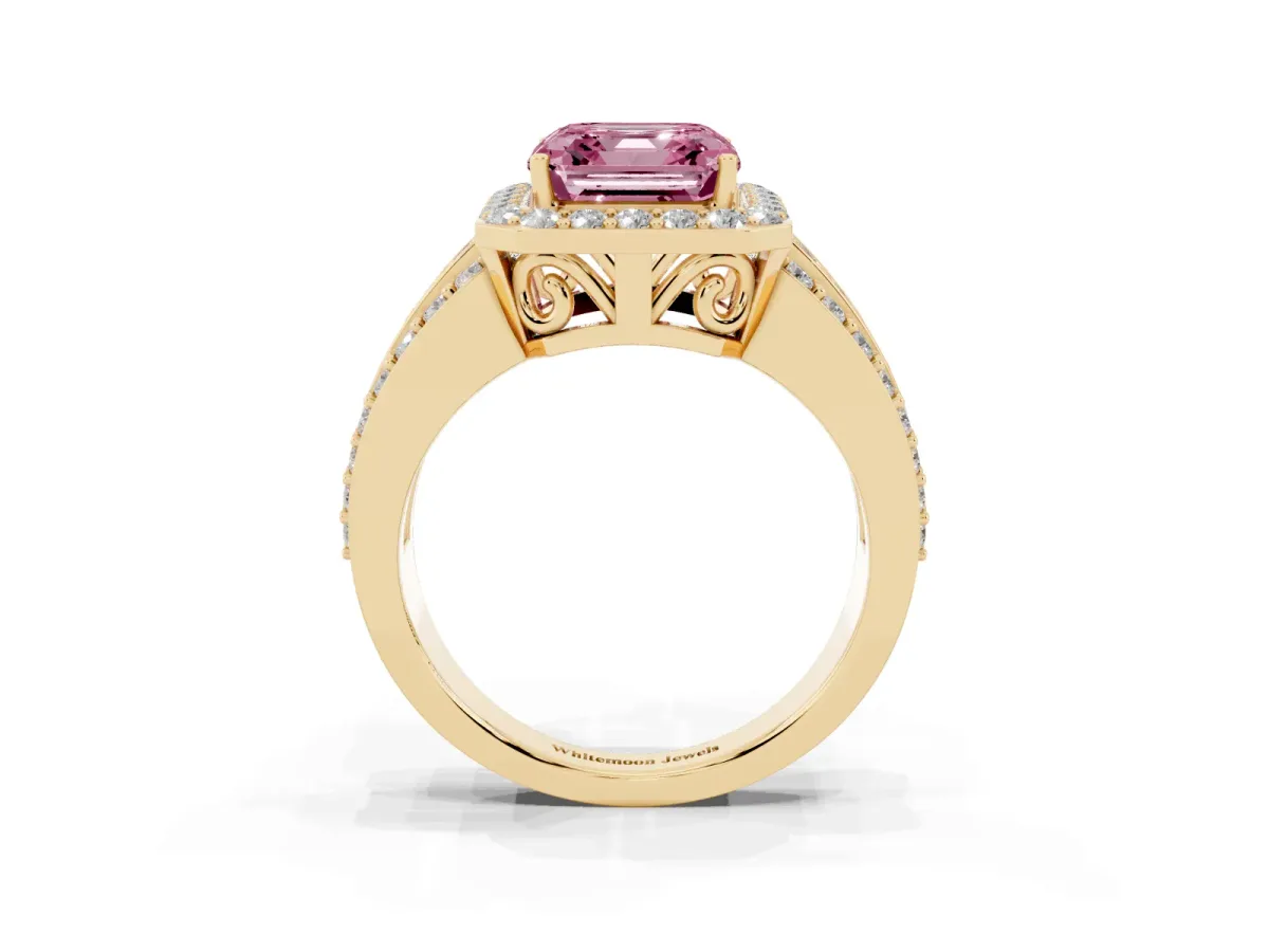 Fancy Pink Asscher Cut Halo Diamond Ring with Round Split Shank and Prong Setting Yellow gold