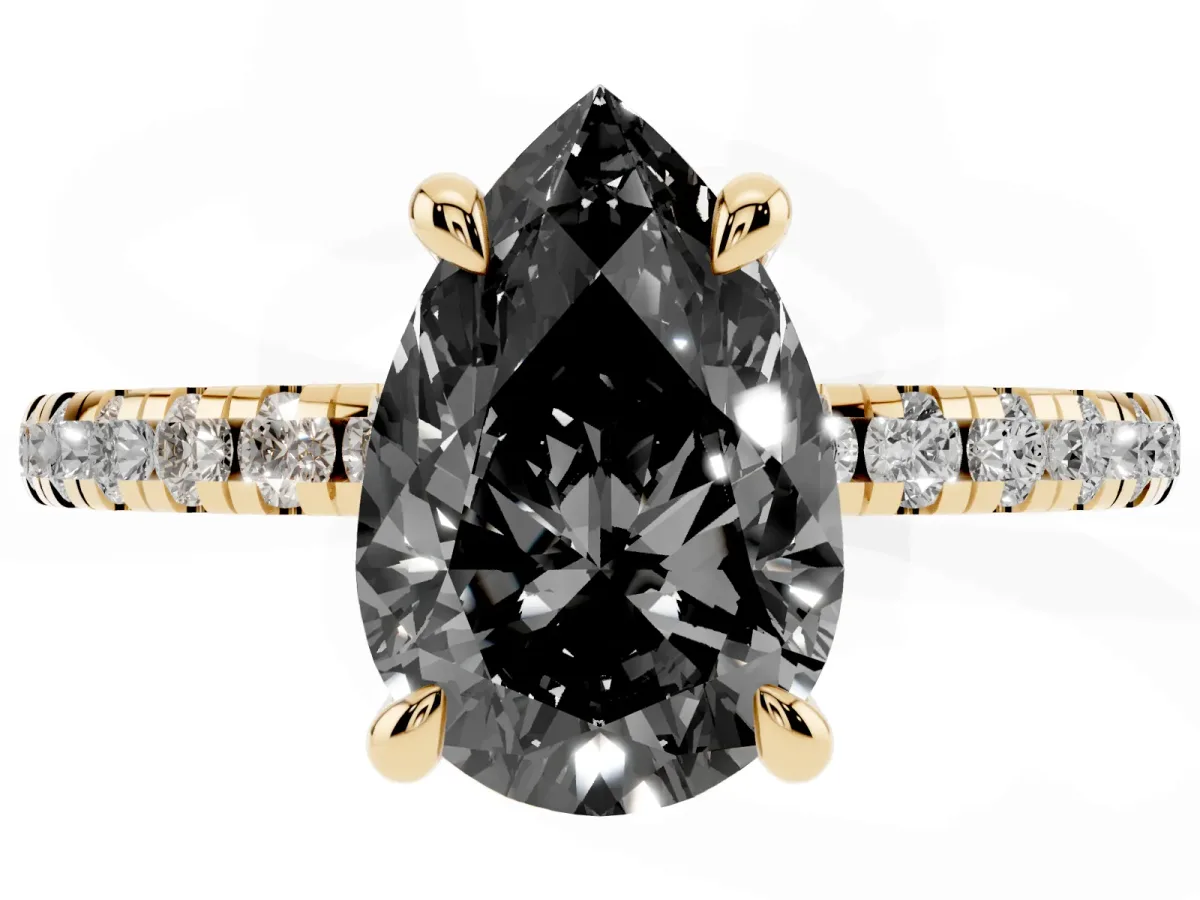 Fancy Black Pear Cut Diamond Brilliant Solitaire Ring with Pavé Band and Four-Prong Setting Yellow gold