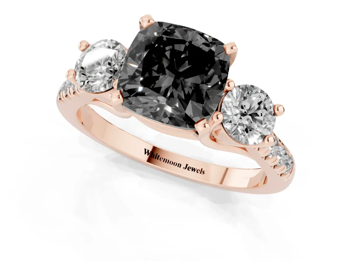 Fancy Black Three-Stone Cushion Cut Diamond Pavé Band with Four-Prong Setting Rose gold