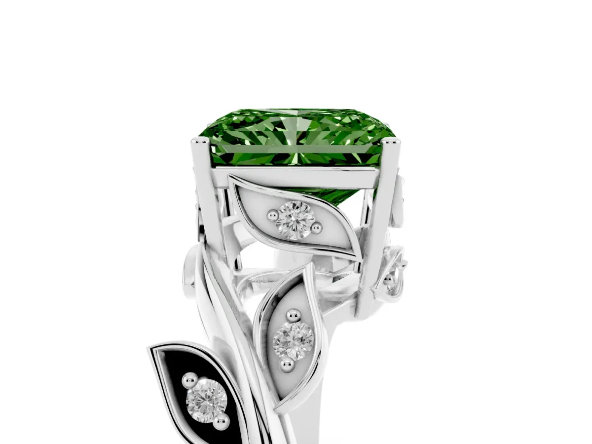 Fancy Green Radiant Cut Solitaire Twist Engagement Ring with Leaf Accents and Prong Setting Silver