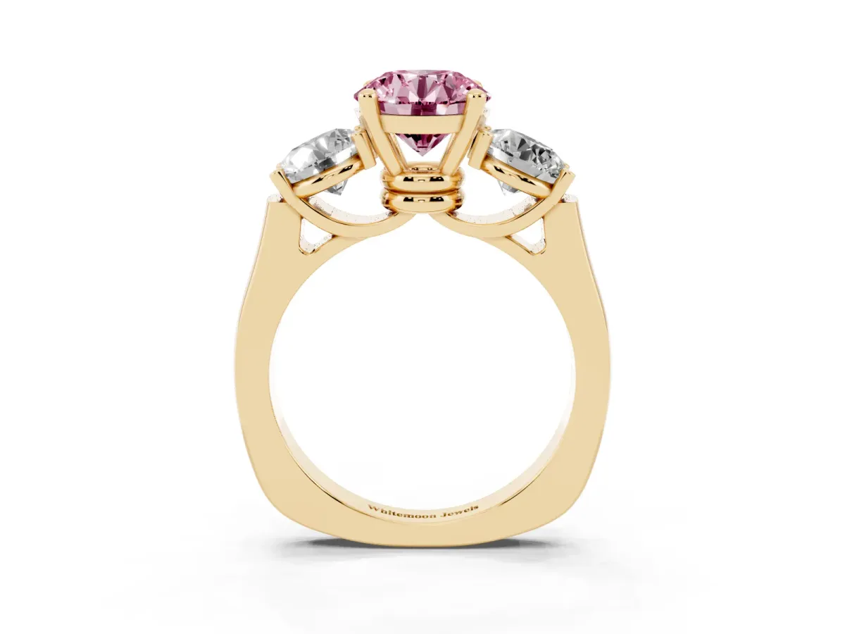 Fancy Pink Three-Stone Round Cut Brilliant Diamond Trellis Ring with Comfort Fit Band Yellow gold