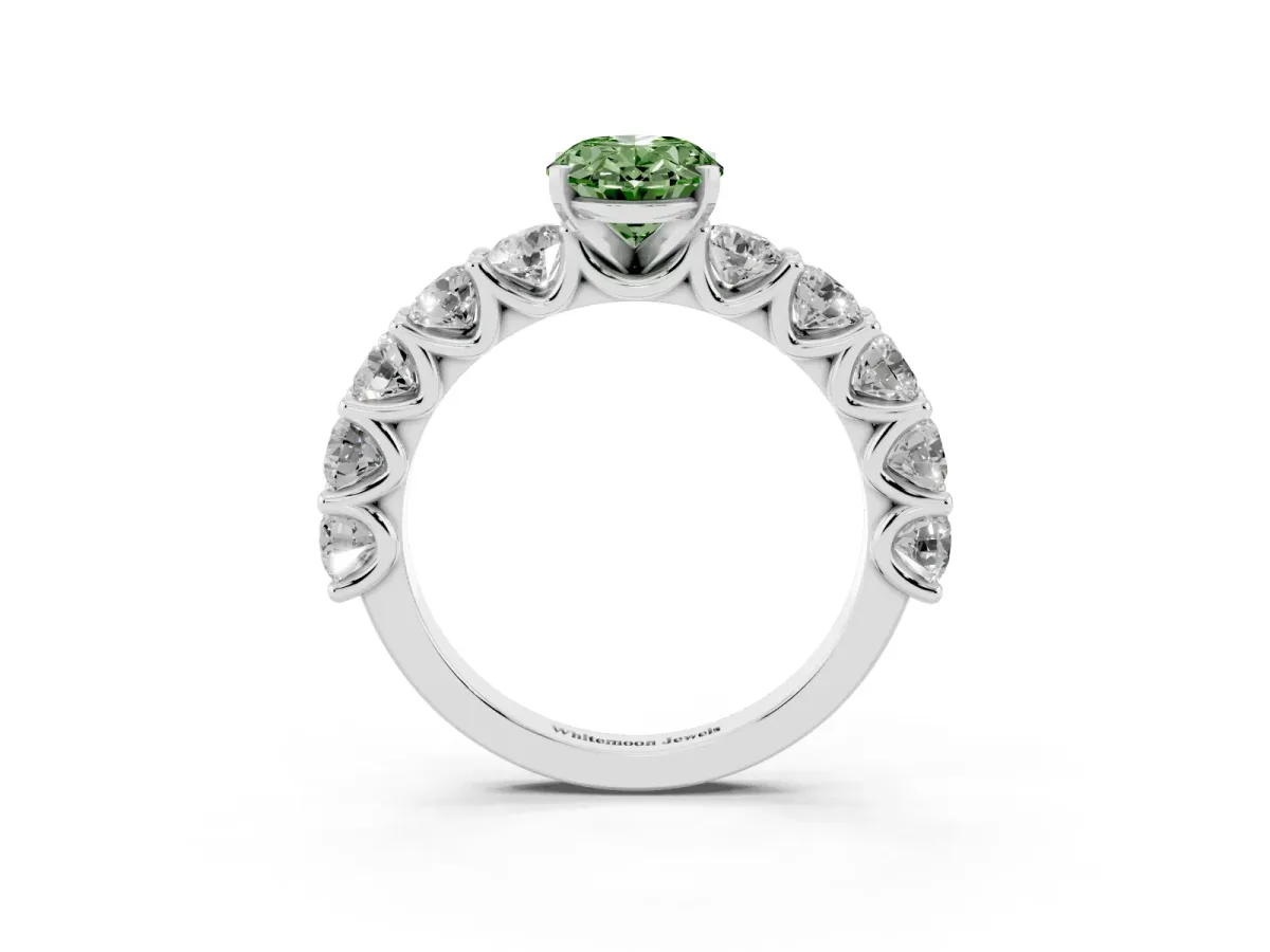 Fancy Green Oval Cut Diamond Prong Setting with Side Stones on a Pave Band Silver