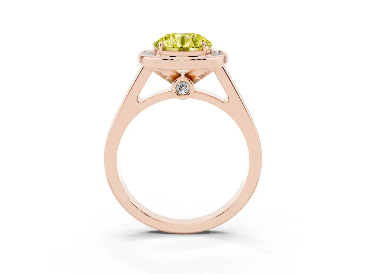 Fancy Yellow Round Cut Halo Solitaire Diamond Ring with Pave Band and Bezel Setting Rose gold