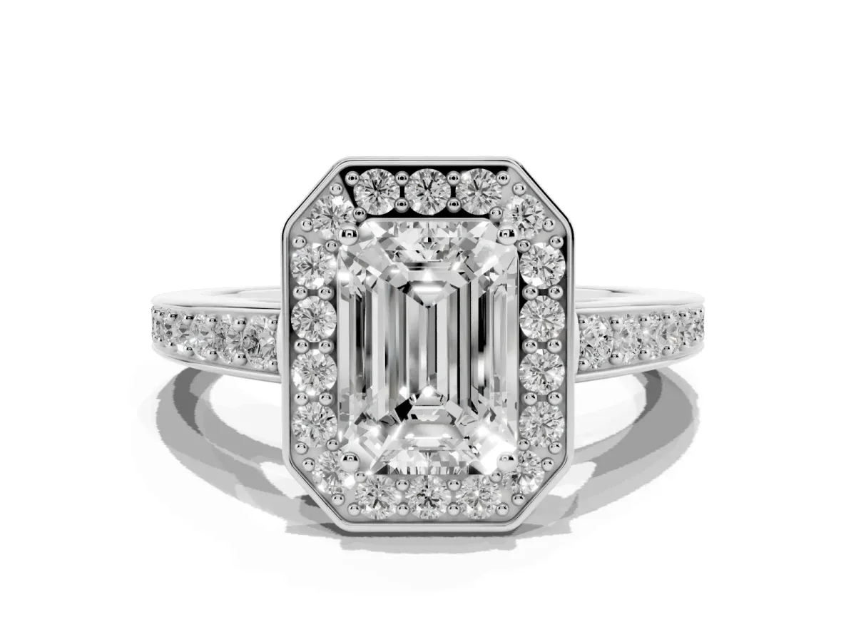 Emerald Cut Halo Pavé Diamond Engagement Ring with Bezel Setting Silver