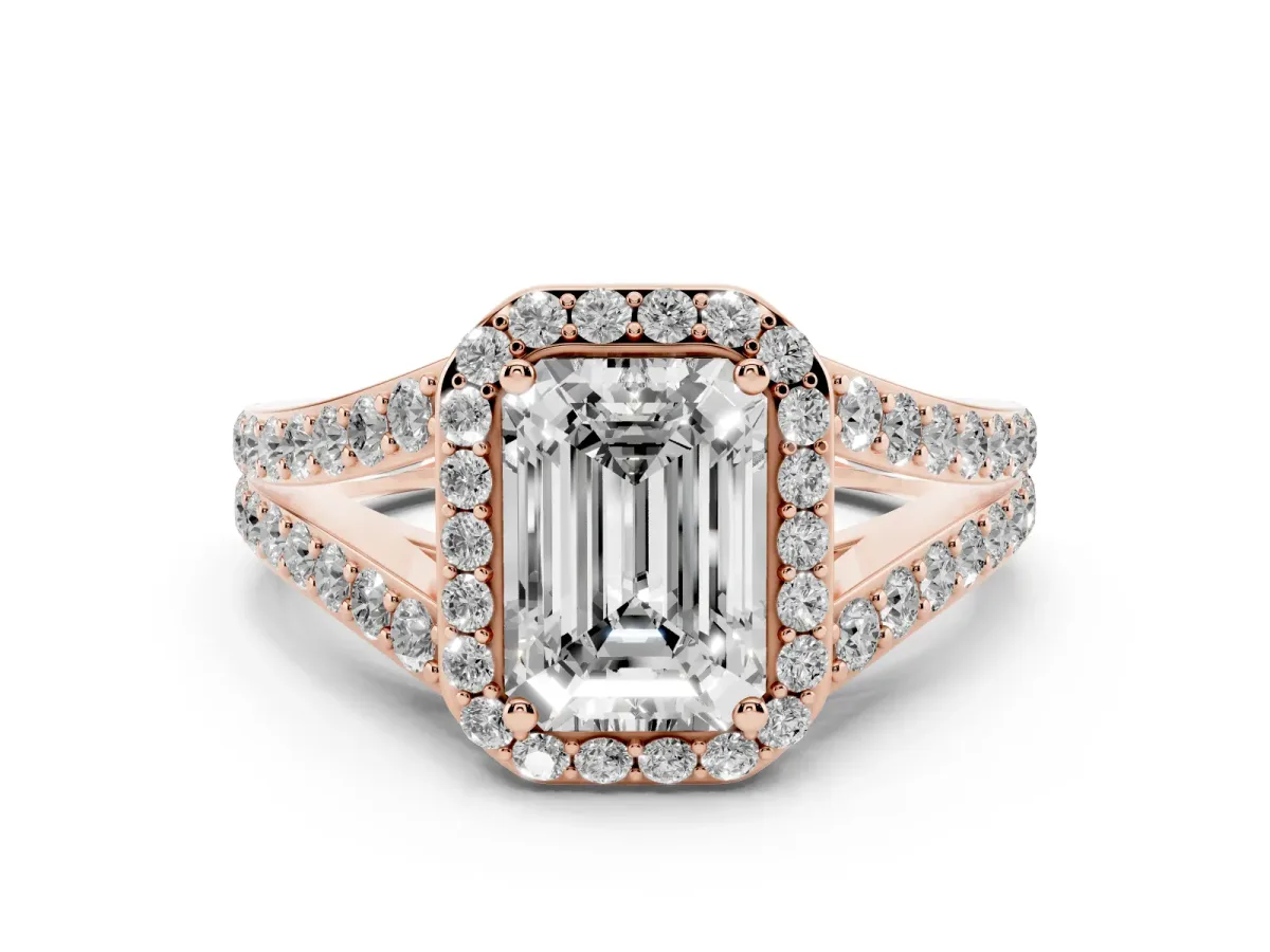 Emerald Cut Diamond Split Shank Halo Ring with Four-Prong Setting Rose gold