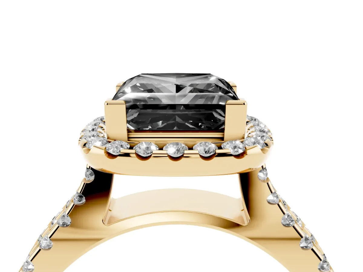 Fancy Black Princess Cut Diamond Halo Ring with Split Shank Pavé Band and Prong Setting Yellow gold
