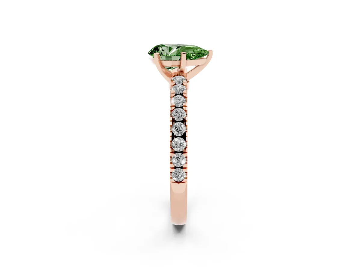 Fancy Green Pear Cut Solitaire Diamond with Pavé Band and Four-Prong Setting Rose gold