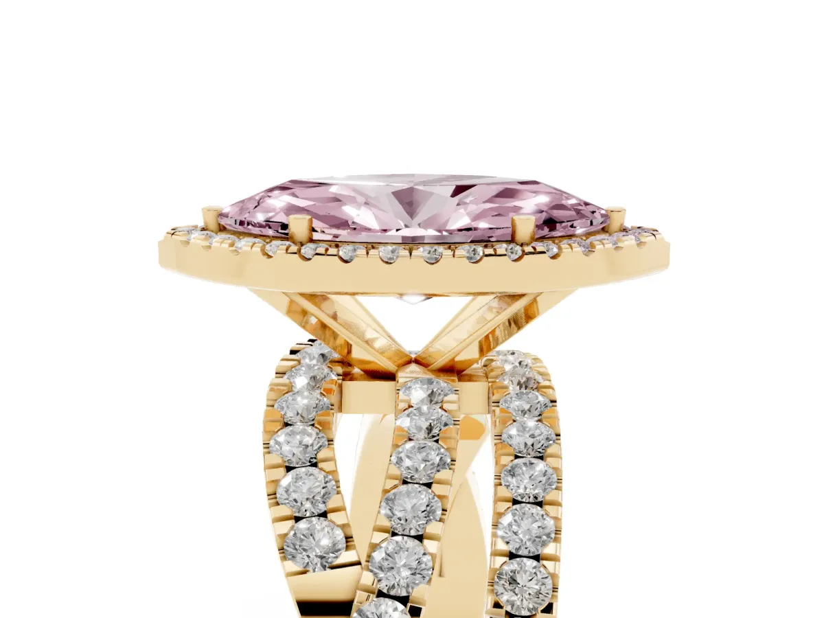 Fancy Pink Marquise Cut Diamond Halo Ring with Round Split Shank and Prong Setting Yellow gold