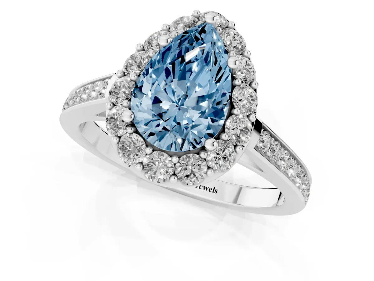 Fancy Blue Pear Cut Diamond Floral Halo Ring with Pavé Band and Prong Setting White gold