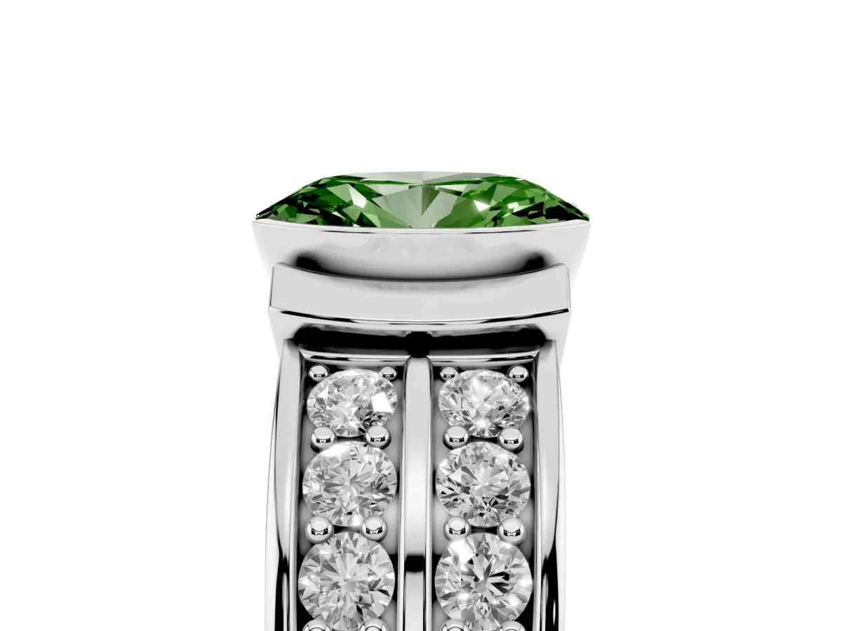 Fancy Green Oval Cut Brilliant Diamond Channel Set Wide Band Ring with Bezel Setting Platinum