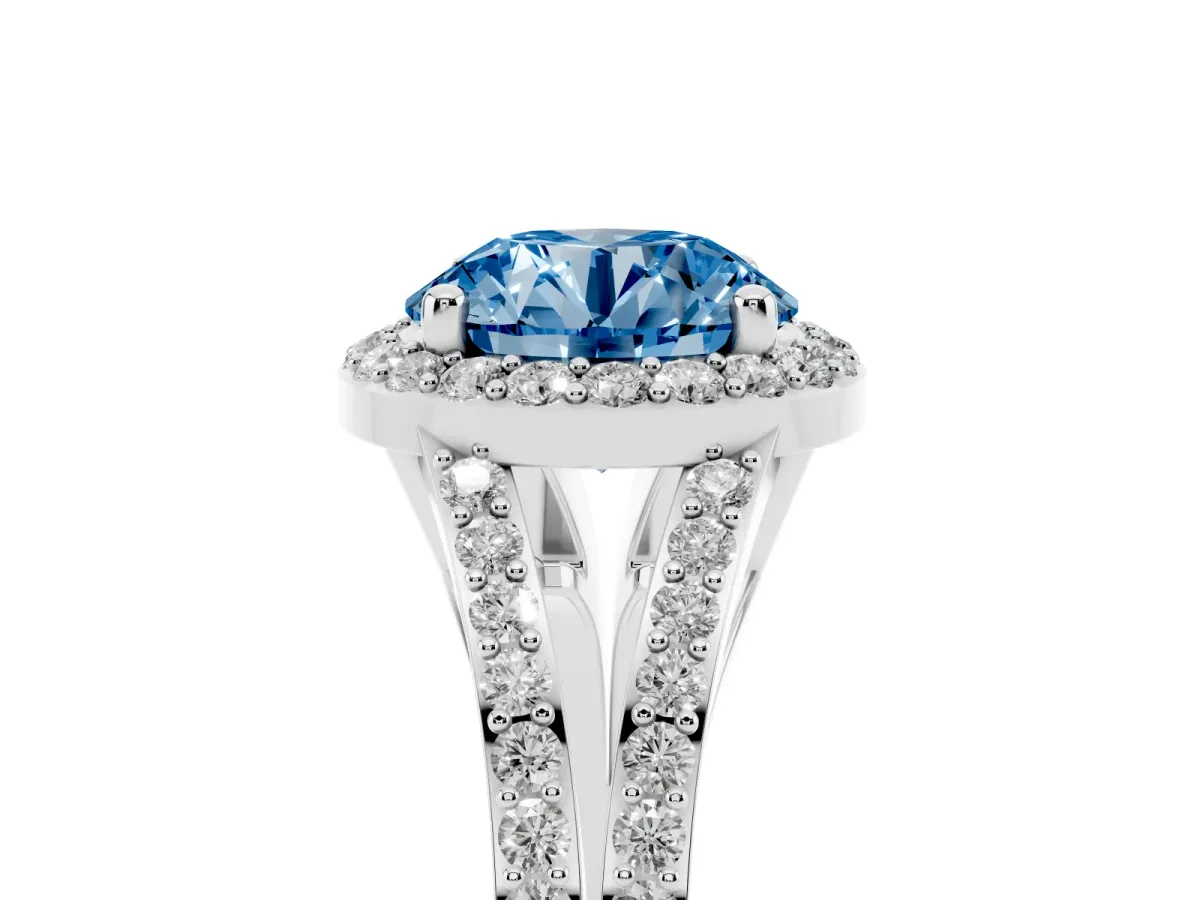 Fancy Blue Round Cut Halo Split Shank Pave Diamond Ring with Four-Prong Setting Silver