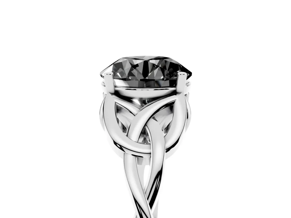 Fancy Black Round Cut Diamond Solitaire Engagement Ring with Celtic Knot Band and Four-Prong Setting White gold