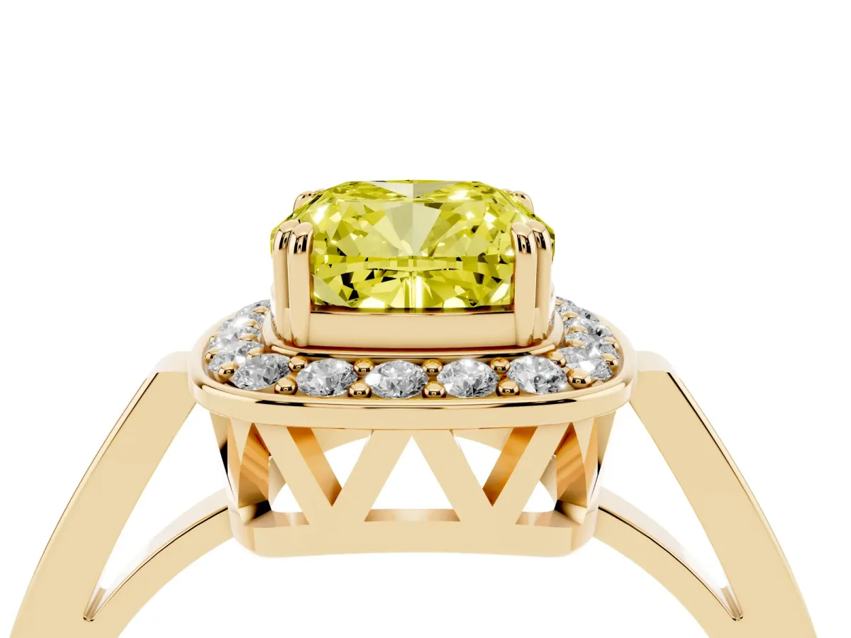Fancy Yellow Cushion Cut Diamond Halo Ring with Split Shank and Four-Prong Setting Yellow gold